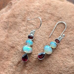 Elegant Sterling Silver, Garnet And Opal Earrings- Includes Gift Box!